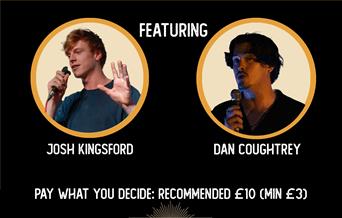 Photographs of Josh Kingsford and Dan Coughtrey speaking into mics with wording about the event.