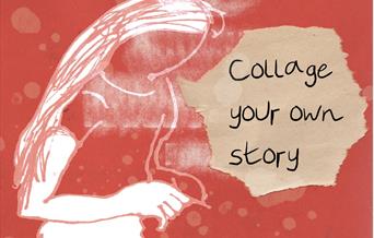 A red sketch of a person with long hair drawing. The text reads: Collage your own story