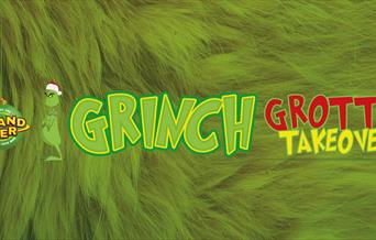 Poster of Grinch Grotto Takeover with green Grinch fur and Grand Pier logo.