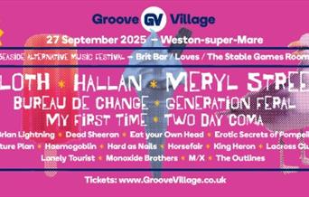 A pink flyer with images of a seagull, ice cream and lolly overstamped by text to advertise a music festival in Weston-super-Mare
