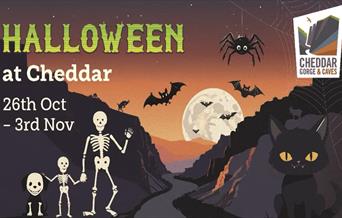 A graphic showing three skeletons in a gorge with Halloween bats and spiders overhead