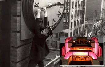 Black and white image showing 1920s film star Harrold Lloyd hanging from the hand of a big street clock while inset there's an image of an Odeon Cinem