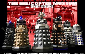 A poster featuring six daleks to advertise the Dalek Invasion Day at the Weston-super-Mare Helicopter Museum