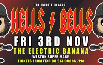 Cartoon image of AC/DC performers 'Hells Bells' with information about the event.