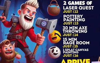 Cartoon image of a man axe throwing and playing laser quest with all venue information