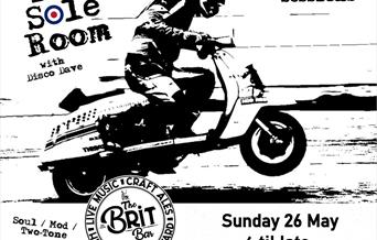 Black and white drawing of a mod on a scooter with information about the event