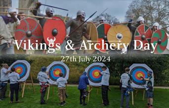 Photograph poster of Viking reenactment and people learning archery with instructors.