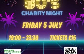 Purple poster with 80's charity night details.