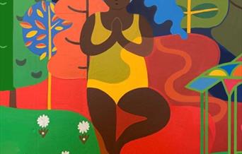 Brightly coloured artist impression of a lady doing yoga and being mindful.