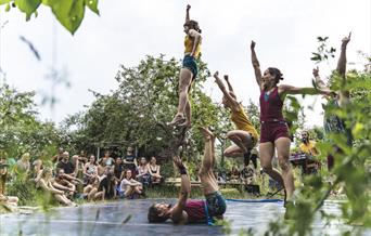 Photographs of acrobats in the air and having fun.