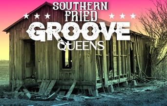 Groove Queens poster with wooden shack and event details.