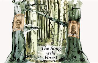 Poster of a drawn forest with images of the two story tellers.