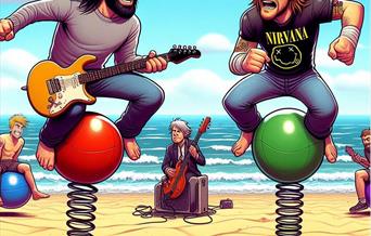 Cartoon of Foo Fakers and Nirvanot sitting on play equipment on the beach