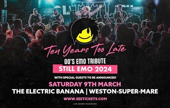 TEN YEARS TOO LATE - 00's Emo Tribute! Photograph of crowd dancing and cartoon Emo