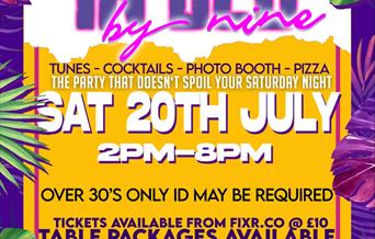 IN BED BY 9! Poster in bright purple and yellow with all event details.