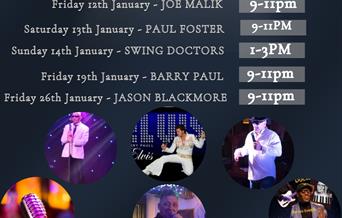 January live music line up in CJs bar at the Royal Hotel.  Images of tribute acts performing.