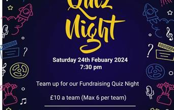 Dark blue posters with quiz night in bright letters and cartoon illustrations around the outside.