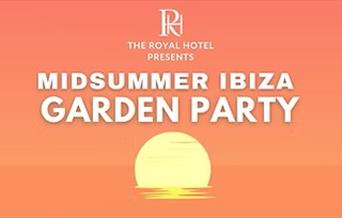 A yellow sun going down on an orange background to advertise an Ibiza Garden party at the Royal Hotel, Weston-super-Mare