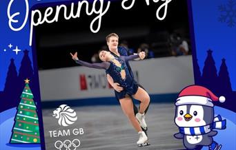 Ice dance couple performing with the lady in front and her arm outstretched. Image forms part of a poster