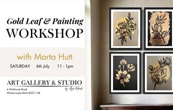 Poster of event showing details and images of golf leaf art work in black and gold.