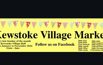 Yellow poster with bunting on a black background advertising a monthly village market