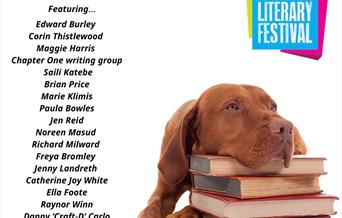 A brown dog with its chin resting on some books on a poster advertising a literary festival