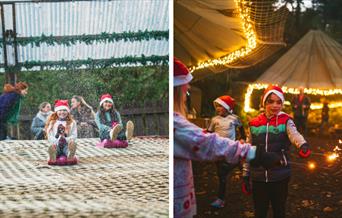 Two images side by side. Image on left shows two young girls wearing Santa hats on zibob toboggans riding down a toboggan slope. Image on the right sh
