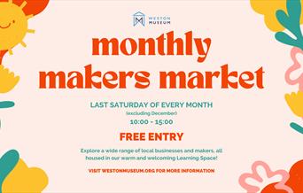 Monthly makers market poster with all information detailed in bright colours.
