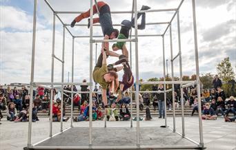 Image of artists performing acrobatics in a cage