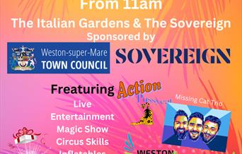 Bright poster for Summer Vibes including cartoon images and event information.