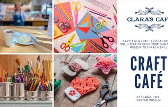 Poster with event information and images of craft items including pens, pencils and scissors.