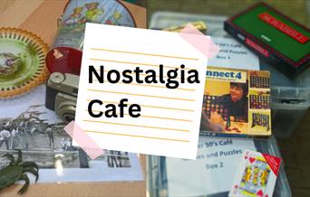 Images of items from the nostalgia cafe including plates, scrabble and playing cards.