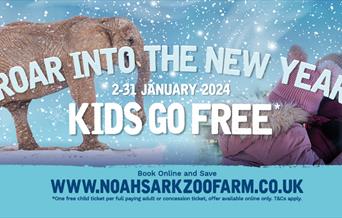 Kids Go Free at Noah's Ark Zoo Farm Graphic with snow and elephant