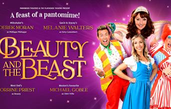 Colourful poster featuring four pantomime stars in costume advertising the Beauty and The Beast pantomime at the Weston Playhouse Theatre.