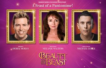 image shows 3 main actors amongst sparkly purple background. text reads "a feast of pantomime! beauty and the beast".