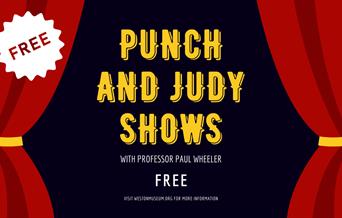 rectangular image with puppet show curtains on the left and right hand side, detailing text about the event including name, dates and times