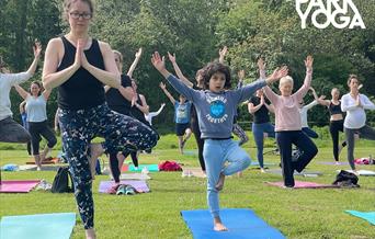 A group of people of all ages doing yoga outside in a park