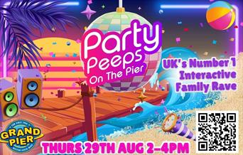 Party Peeps on the Pier August poster - bright poster with a large glitter ball and event details.
