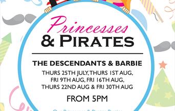 young princess and pirate cartoon, text reads "princess7pirates: the descendants and barbie