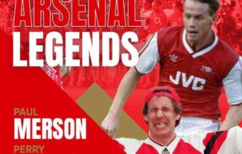 A red poster featuring pictures of former Arsenal players Paul Merson and Perry Groves to advertise an Evening With Arsenal legends at The Weston Play