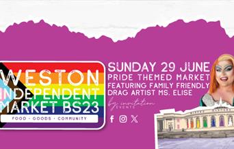 Photo of a drag queen and the iconic Winter Gardens Pavilion, Weston-super-Mare and also a Pride Flag to advertise the Pride-themed Weston market