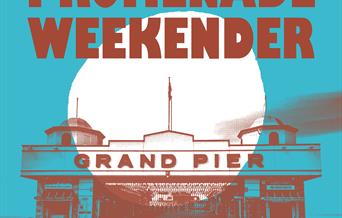 A blue background with a picture of the grand peir at the front. There is a title advertising Promenade Weekender. Instagram: PromenadeProjects01. Web