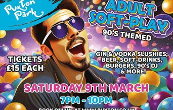 Cartoon style poster featuring a bearded man in sunglasses advertising a soft play night