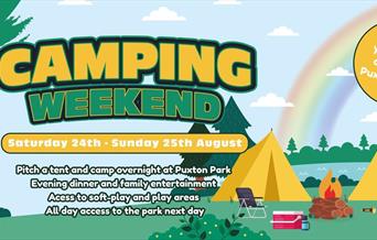 Poster depicting two tents by a lake and trees advertising a camping weekend