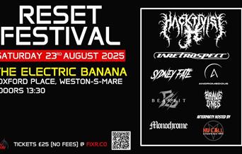 Black poster with white and yellow text advertising the Reset Heavy Metal Festival at the Electric Banana, Weston-super-Mare