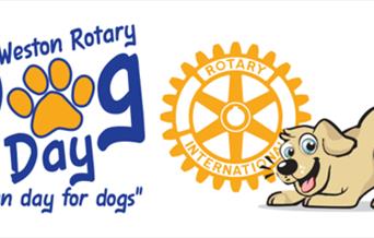 Cartoon image of a dog and a big dog paw to advertise the Weston-super-Mare Rotary Dog Day