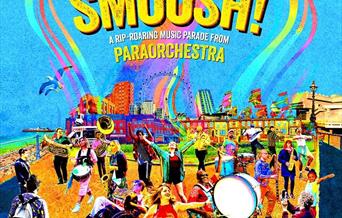 Brightly coloured poster with dancers and musicians playing instruments