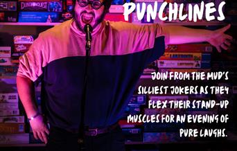 Stand up poster of comedian talking into a microphone.