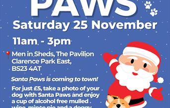 Men In Sheds Santa Paws - cartoon image of Santa, a smiling dog and mince pies.