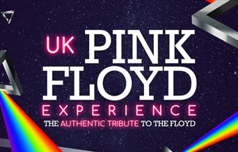 The title in silver and glowing pink surrounded by triangles with rainbows coming off them in space.